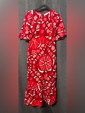 RHODE x Target size 6 red linen Zinnia Floral cape Sleeve midi Derby Dress